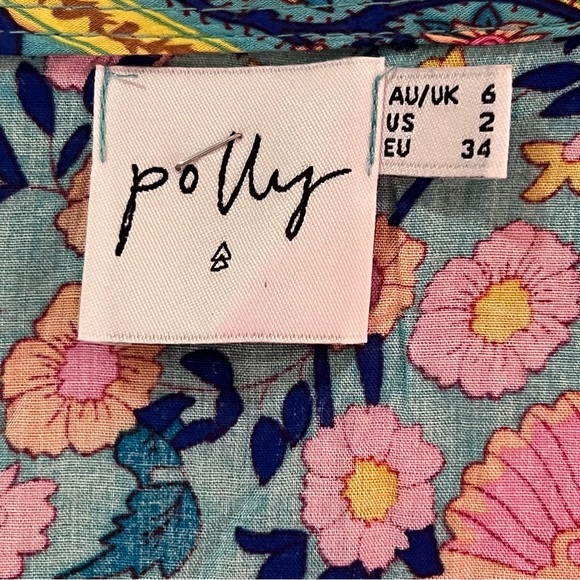 Polly V-Neck Floral‎ Print Ruffle Wrap Mini Dress Blue Pink Bohemian Size 2 - Picture 16 of 16